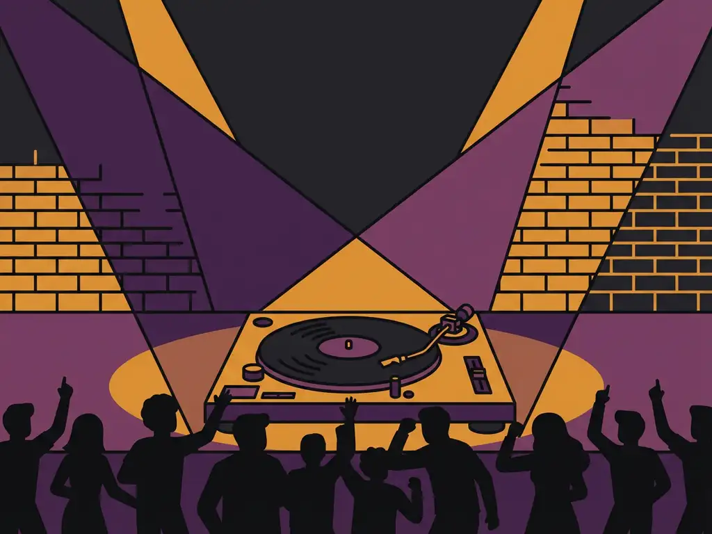 Draaiende vinylplaat op een draaitafel in een Amsterdams muziekcafé met warm barnsteen- en paars podiumlicht en silhouetten van publiek.