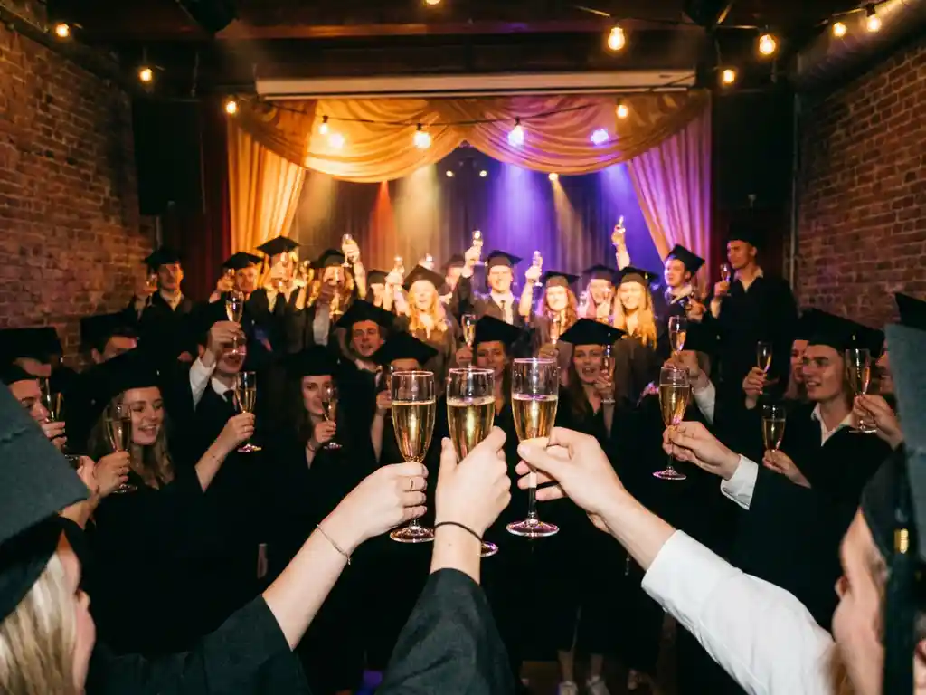 Afgestudeerden in toga en baret heffen champagneglazen in een sfeervol Amsterdams muziekcafé met bakstenen muren en amberkleurig podiumlicht.