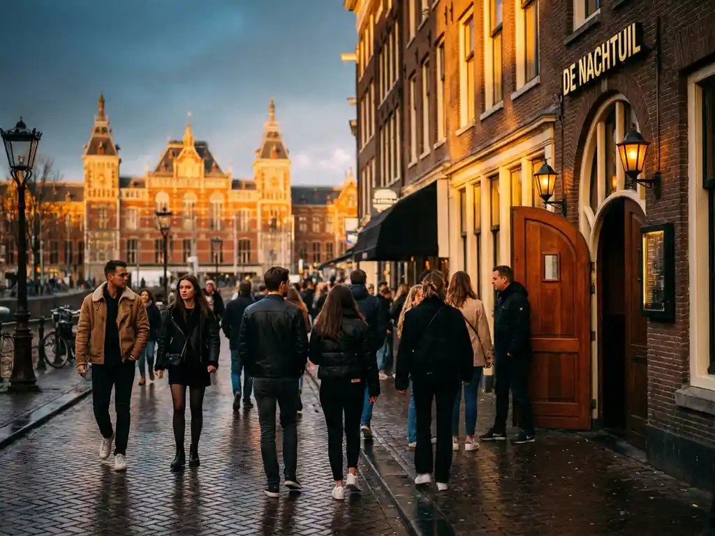 Gasten in uitgaanskleding lopen bij gouden uur over Amsterdamse keienstrate richting verlichte clubingang, Centraal Station op achtergrond.