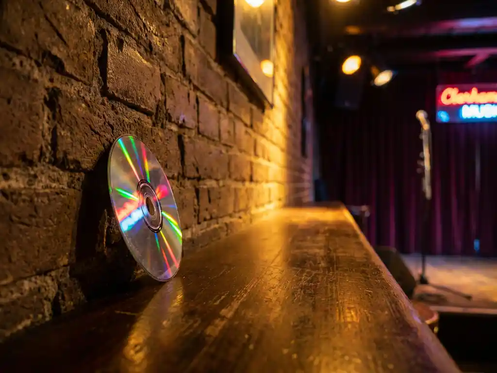 Glanzende cd leunend tegen bakstenen muur van Amsterdams grachtenpand, warm amberkleurig podiumlicht op houten bartafel, intieme underground sfeer.