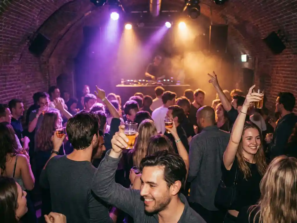 Menigte op een afscheidsfeest in een Amsterdamse club met paarse en amberkleurige podiumverlichting, dj-setup op de achtergrond, sfeervolle bakstenen muren.