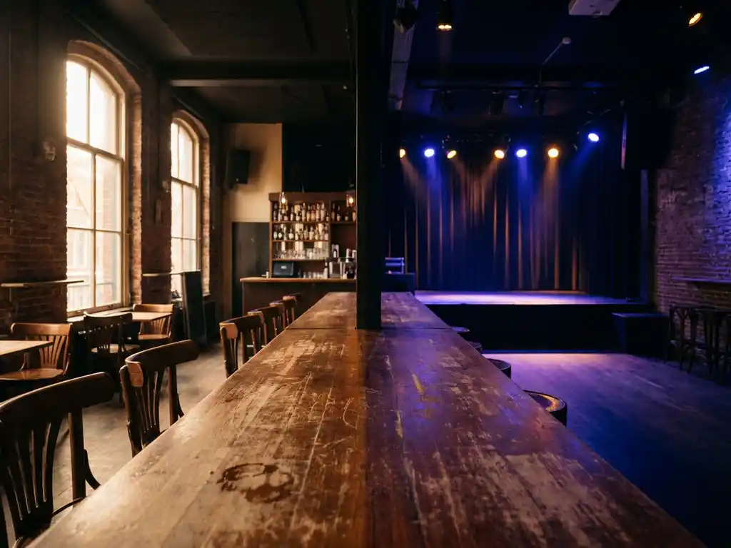 Bitterzoet Amsterdam interieur overdag en 's avonds, houten bar en bakstenen muren in warm daglicht en diepblauw podiumlicht.
