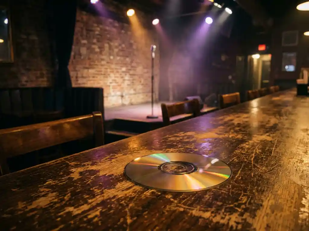 Cd op een versleten houten bartafel in een Amsterdamse club, met amberkleurig podiumlicht en een microfoonstandaard op het kleine podium op de achtergrond.