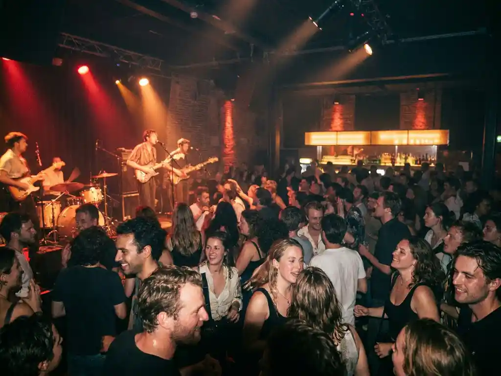 Druk dansende menigte in Amsterdams poppodium met rood-amberverlichting, live band op klein podium en bakstenen muren op de achtergrond.