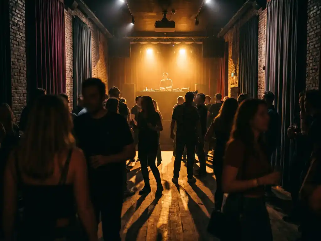 DJ-booth verlicht met warm amber licht in een sfeervol Amsterdams nachtclub interieur met houten dansvloer en bakstenen muren.