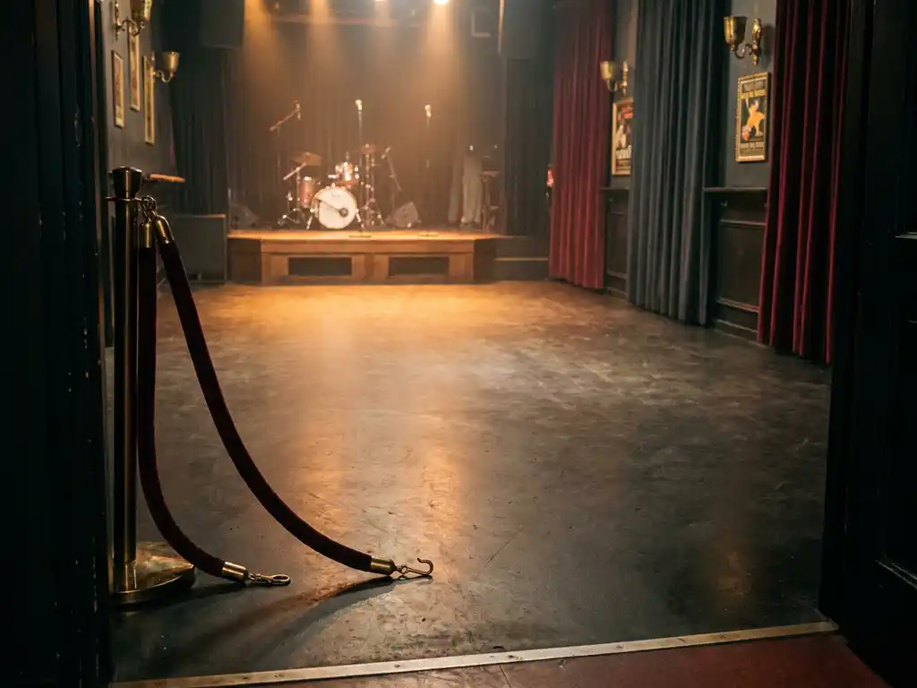 Openstaand fluwelen touw bij ingang van Amsterdams nachtclub met leeg dansparket en warm amberkleurig podiumlicht.