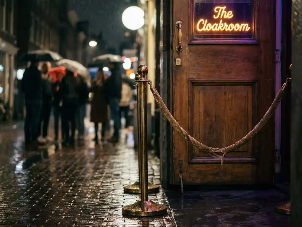 Fluwelen touw en messing stanchion voor een Amsterdamse clubingang bij nacht, neonlicht weerspiegeld op natte kinderkopjes.