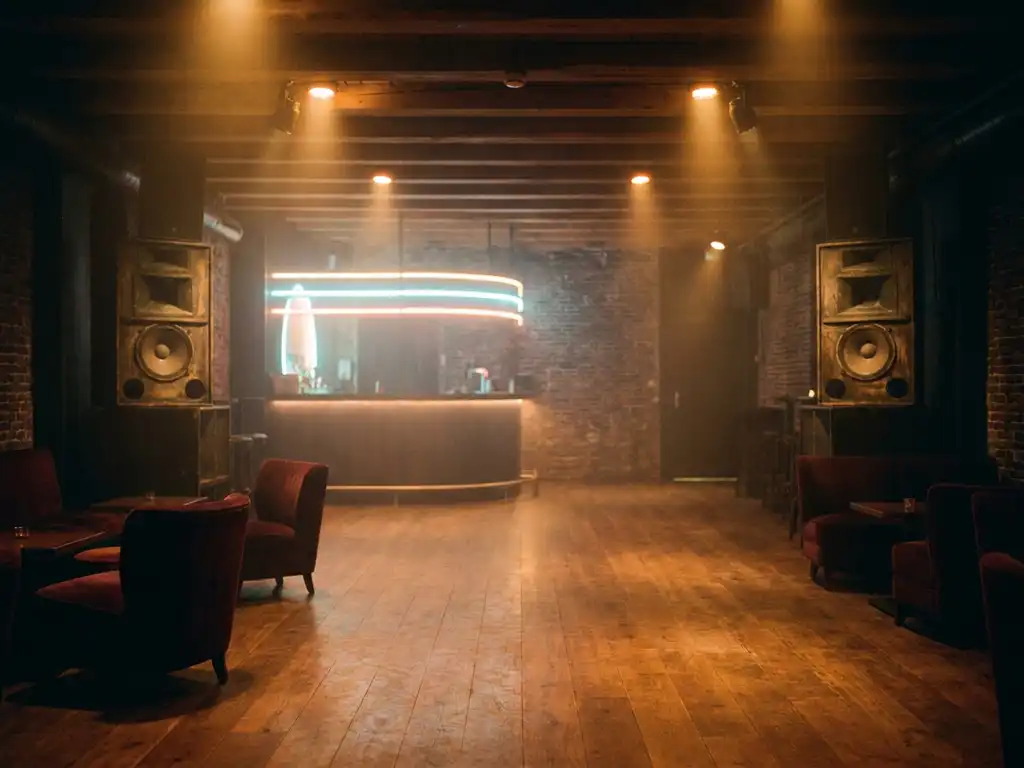 Leeg dansvloer in Amsterdamse club met warm amberkleurig podiumlicht, gloeiende neonbar en bakstenen muren op de achtergrond.