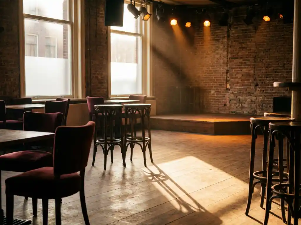 Verlaten dansvloer in Amsterdams café-concert met amberkleurig podiumlicht, houten vloer en vintage barkrukken in gouden uurstemming.