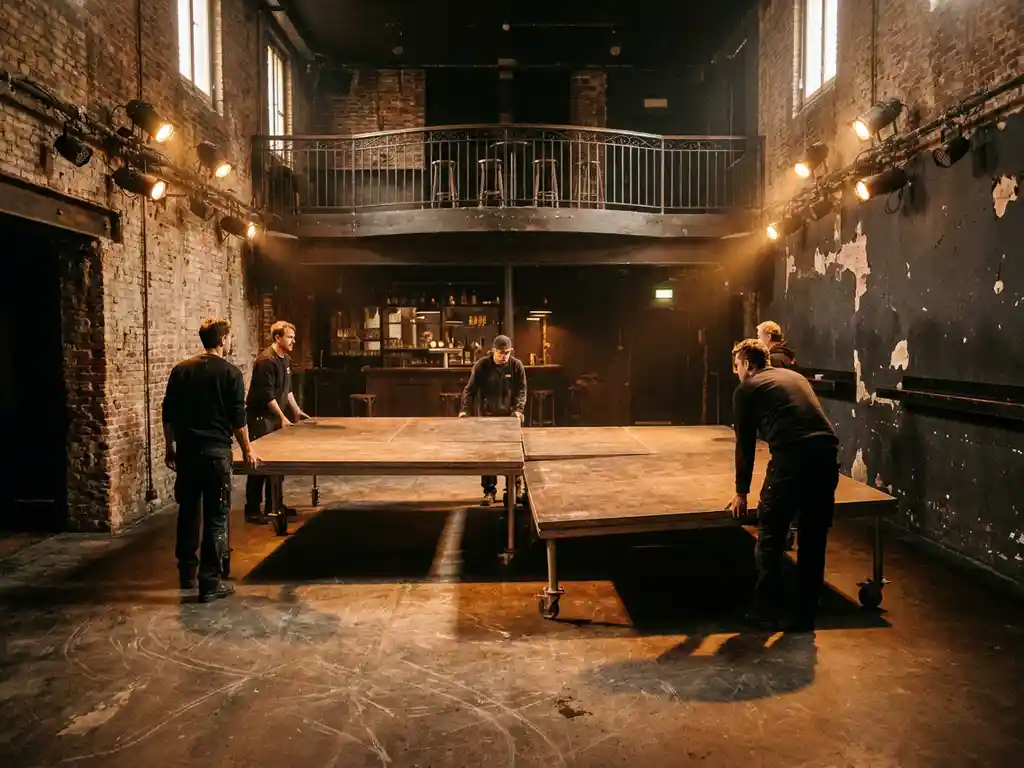 Verplaatsbare houten podia op betonnen dansvloer in Amsterdams clubinterieur, met bakstenen muren, amberkleurig podiumlicht en mezanine bar.