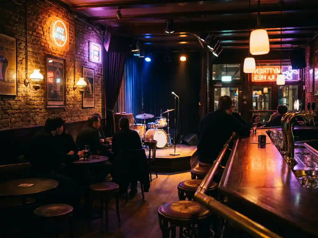 Schemering interieur van een Amsterdams café met bakstenen muren, verlichte bar en houten podium in warme amber- en bordeauxtinten.