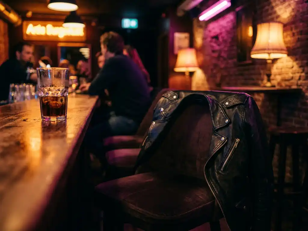 Zwart leren jack over een fluwelen barkruk in een intiem Amsterdams clubinterieur met neonverlichting en condensglas op de voorgrond.