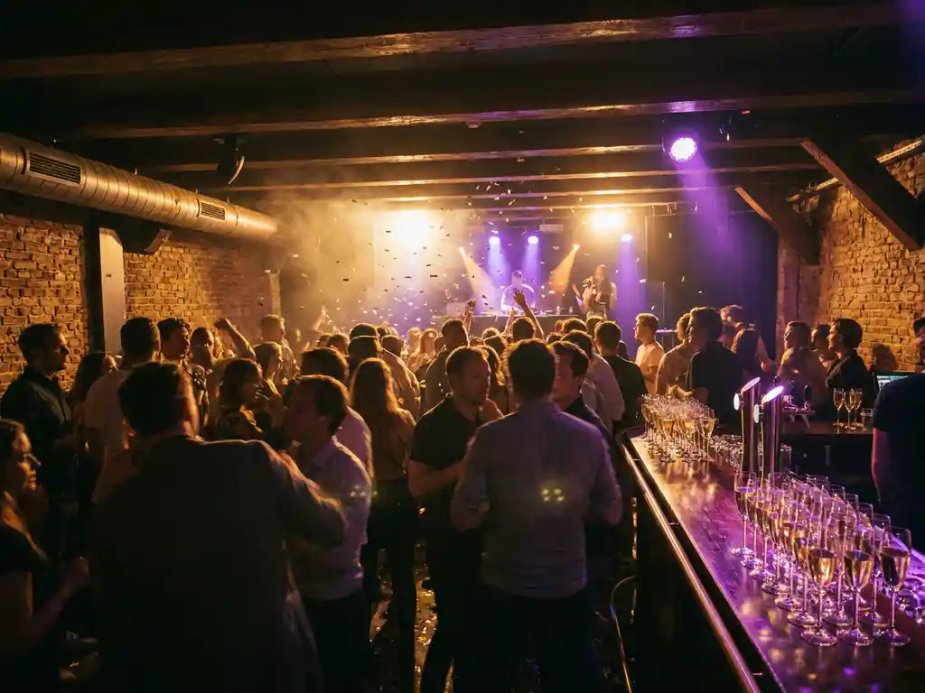 Intiem Amsterdams clubinterieur met amber- en violetverlichting, dansende feestvierders, champagneglazen aan de bar en confetti in rokerige lucht.