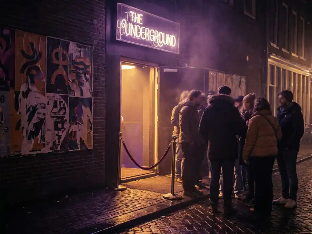 Neonverlichte clubingang in Amsterdam met fluwelen touw, eventposters op bakstenen muur en amber-violet licht op natte kinderkopjes.