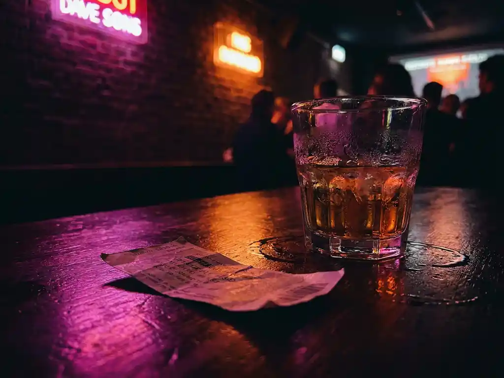 Vergeeld concertticket op een vochtige barkruk naast een glas amber drank, in sfeervolle neonverlichting van een Amsterdamse underground club.