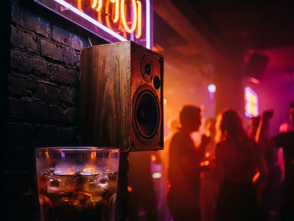Vintage speaker op bakstenen muur in Amsterdamse club, met condensatieglas in amberkleurig neonlicht en wazige menigte op achtergrond.