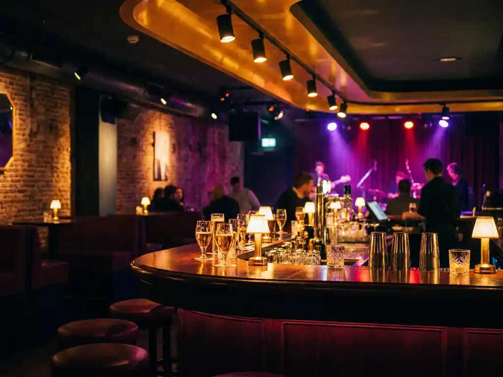 Sfeervolle bar in Amsterdams muziekcafé met glanzend houten bartafel, amberen spotlights en bierglazen op donkere toonbank.