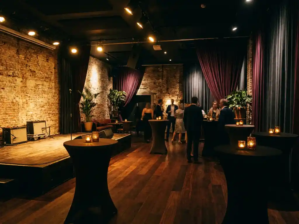 Intiem evenement in Amsterdams muziekcafé met kaarsen op cocktailtafels, bakstenen muren en gouden spotlights op houten dansvloer.