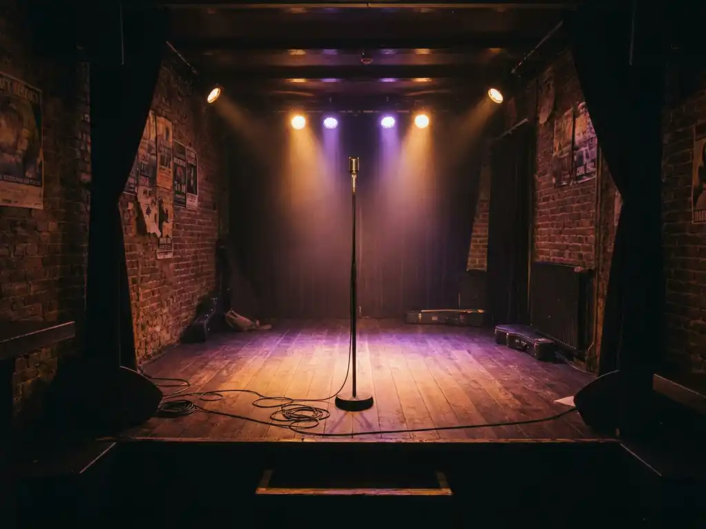 Leeg podium in een intiem Amsterdams muziekcafé met warme amber en paarse verlichting, houten vloer en bakstenen muren.