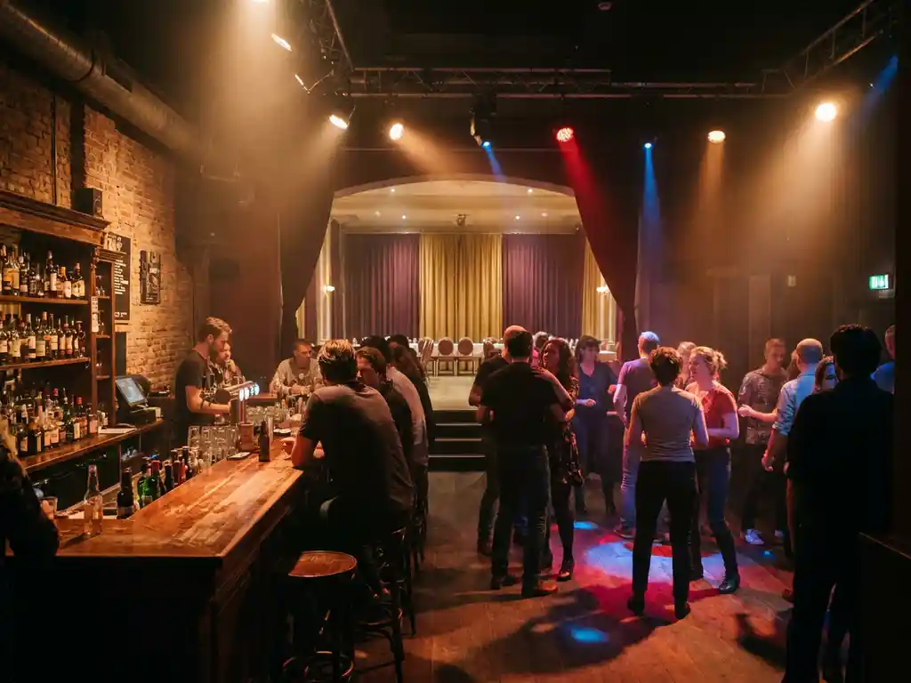 Sfeervol Amsterdams muziekcafé met warme amberverlichting, bakstenen muren en een houten bar vol flessen.