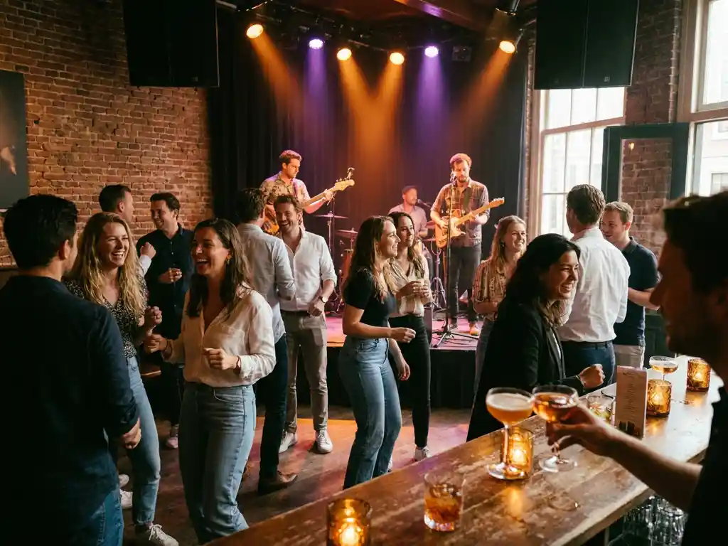 Collega's lachen en dansen in een Amsterdamse muziekclub met bakstenen muren, amberkleurig podiumlicht en een live band op de achtergrond.