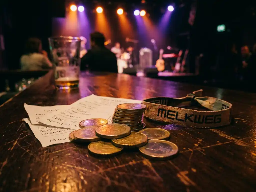 Stapel euromunten en kassabonnen op een verweerde houten bartafel in een Amsterdamse muziekclub, met amber en violet podiumlicht.