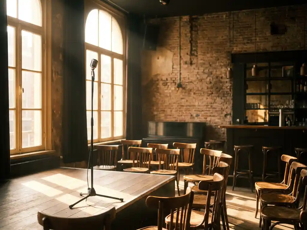 Verlicht houten podium met microfoonstandaard in een intiem Amsterdams muziekcafé, lege stoelen en bakstenen muren op de achtergrond.