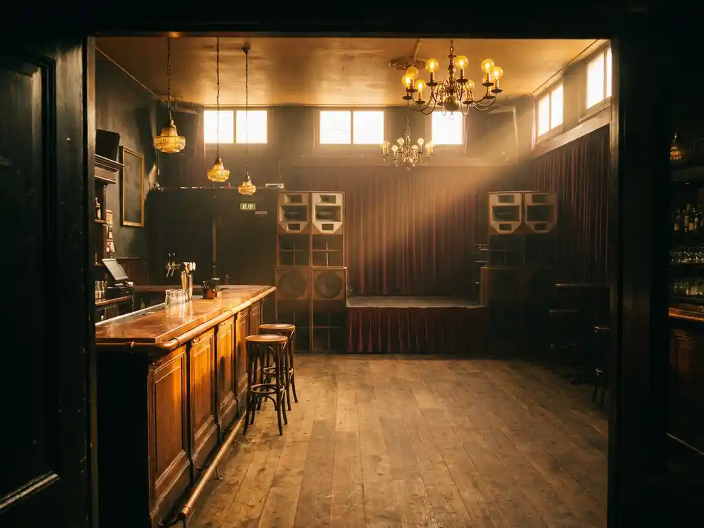 Sfeervol interieur van een Amsterdamse muziekclub met warm amberkleurig podiumlicht over een houten bar en lege dansvloer.
