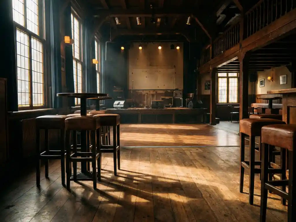 Leeg interieur van een Amsterdamse muziekclub met houten vloer, vintage barkrukken en een verlaten podium in warm middaglicht.
