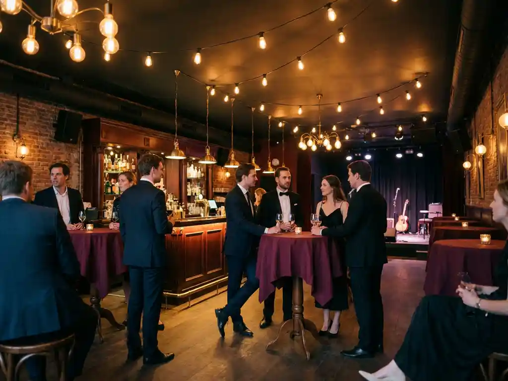 Elegant geklede gasten rond cocktailtafels in een intiem Amsterdams muziekcafé met bakstenen muren en Edison-verlichting.