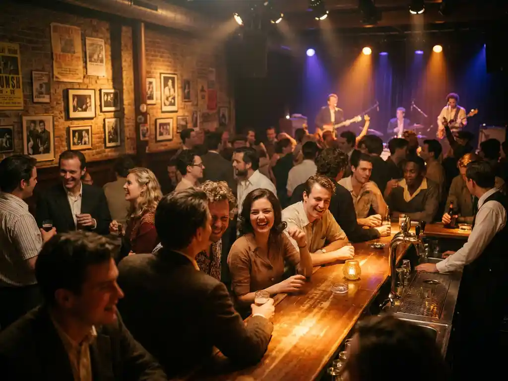 Drukke menigte in een intiem Amsterdams muziekcafé met bakstenen muren, amberkleurig licht en livepodium op de achtergrond.