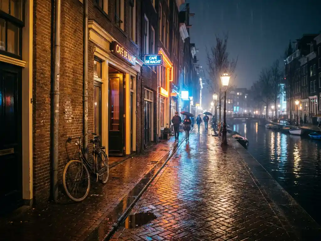 Amsterdams nachtleven langs verlichte gracht, gouden licht van clubingang op natte kinderkopjes, fiets tegen bakstenen gevel.