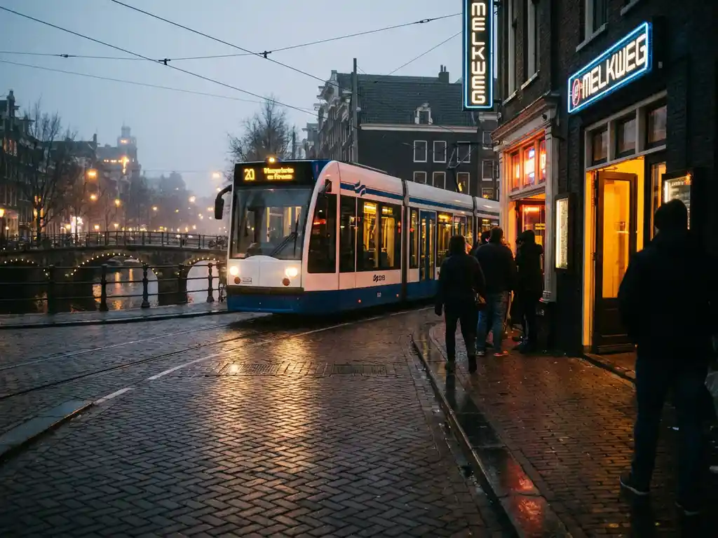 Amsterdamse tram langs verlichte nachtclub bij schemering, gouden licht op natte kinderkopjes, kanaalsbrug op de achtergrond.