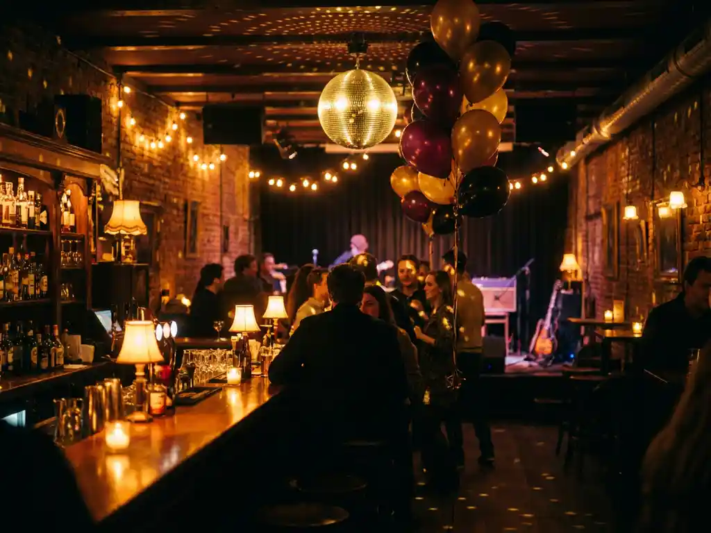 Sfeervol Amsterdams café-interieur met gloeiende bar, discobal en verjaardagsballonnen op intieme dansvloer, warme amber- en bordeauxtinten.
