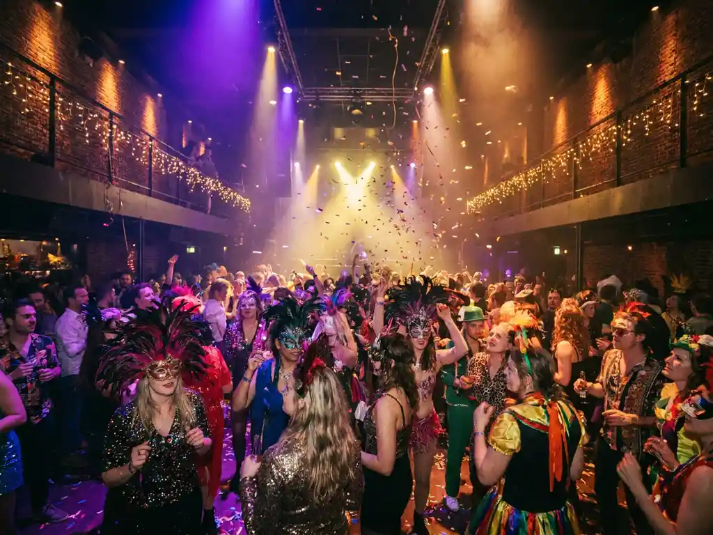 Carnavalsfeestvierders in veren maskers en paillettenkostuums dansen in een Amsterdamse nachtclub met confetti, paars licht en bakstenen muren.
