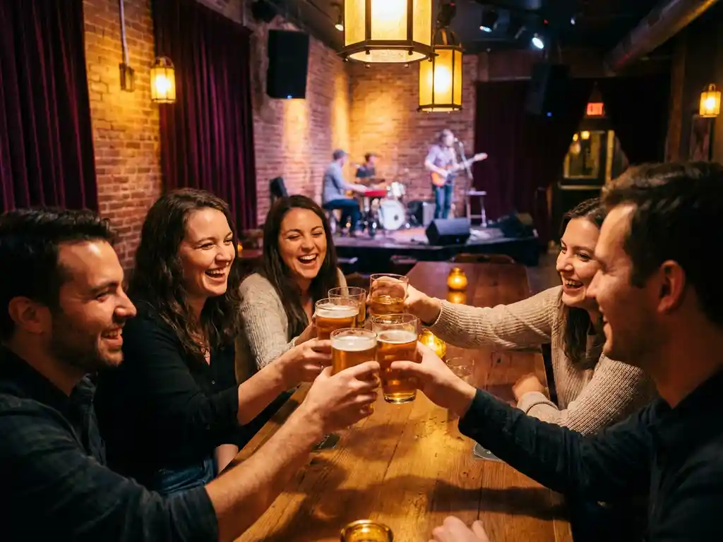 Vrienden proosten met koude drankjes in een sfeervolle Amsterdamse muziekclub met bakstenen muren en een podium op de achtergrond.