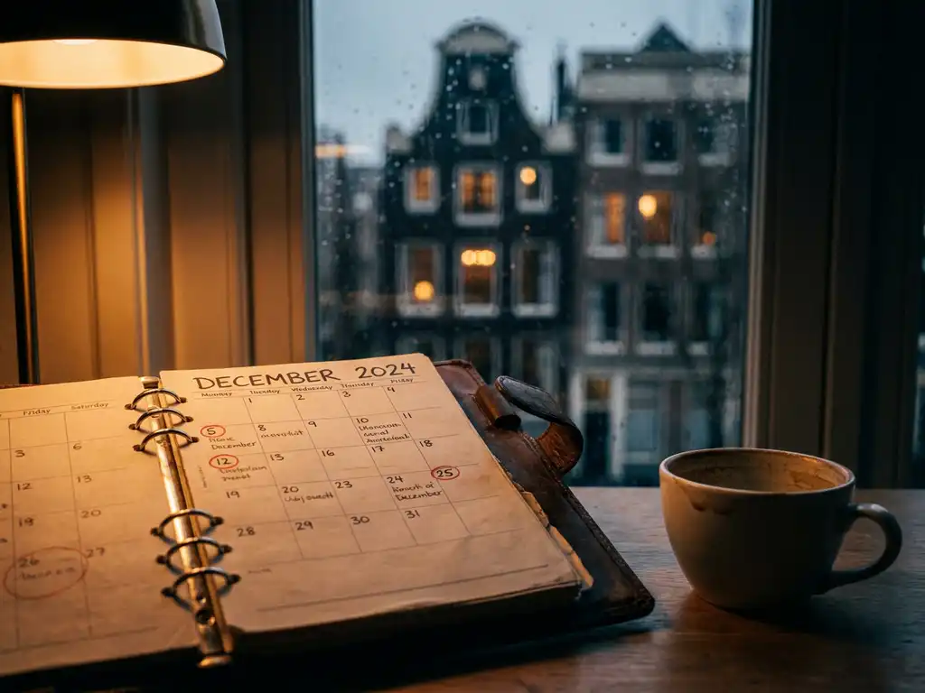 Versleten leren bureauagenda met rood omcirkelde datums, halfvolle koffiekop ernaast, Amsterdams grachtenpand zichtbaar door regenachtig raam op de achtergrond.