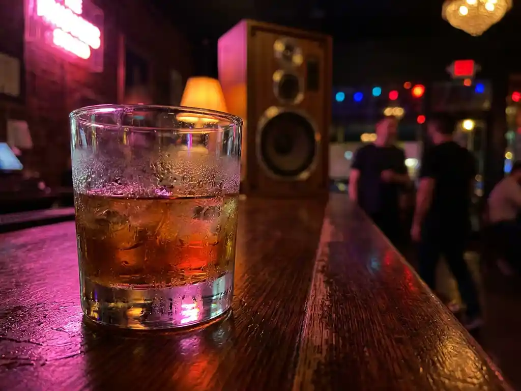 Berijpt cocktailglas met ijs op donkere houten bar, verlicht door warm barnsteenkleurig en neonroze licht in sfeervolle underground club.