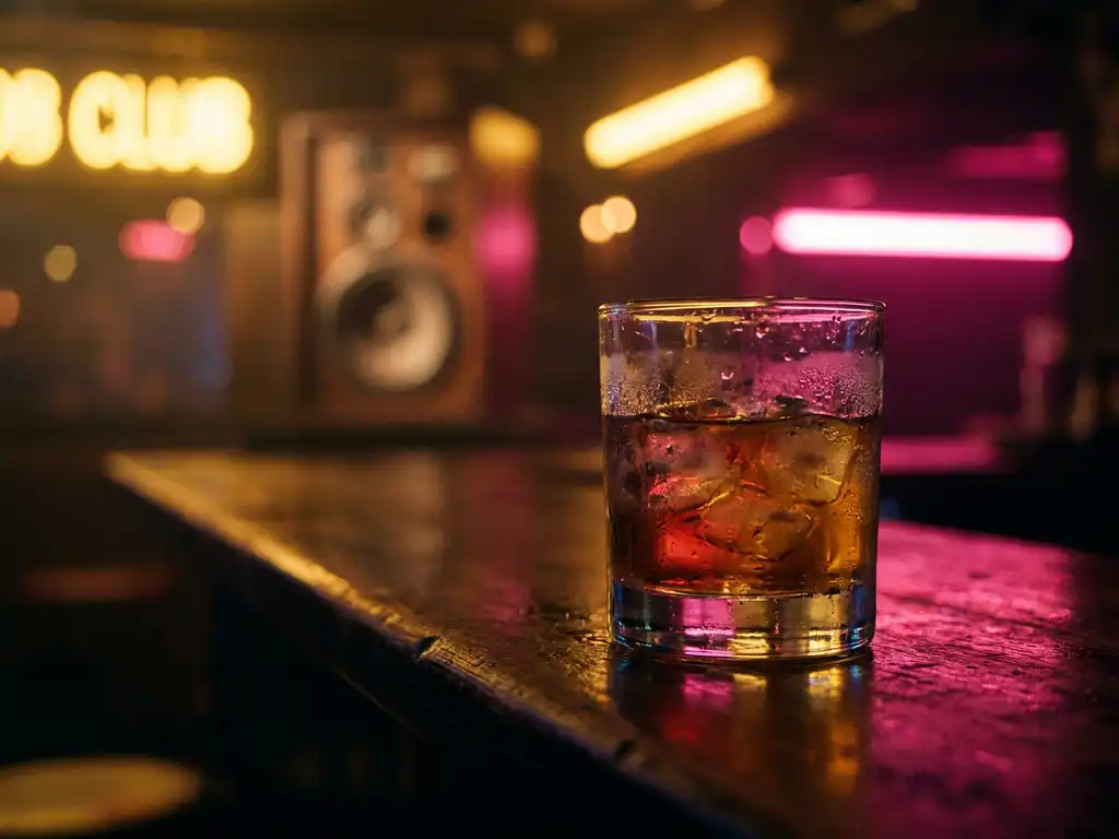 Berijpt cocktailglas met ijs op natte bartafel, verlicht door roze en gouden neongloed in intieme underground club.