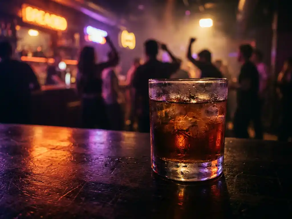 Bevroren cocktailglas op versleten houten bar met amber en magenta neonreflecties, dansende menigte op de achtergrond.
