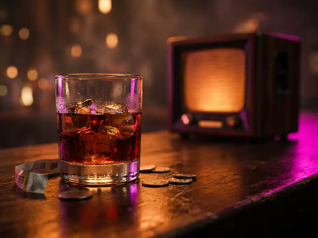 Beslagen cocktailglas met smeltend ijs op donkere barkroonplank, omringd door munten en polsbandje in neonroze en amberkleurig licht.