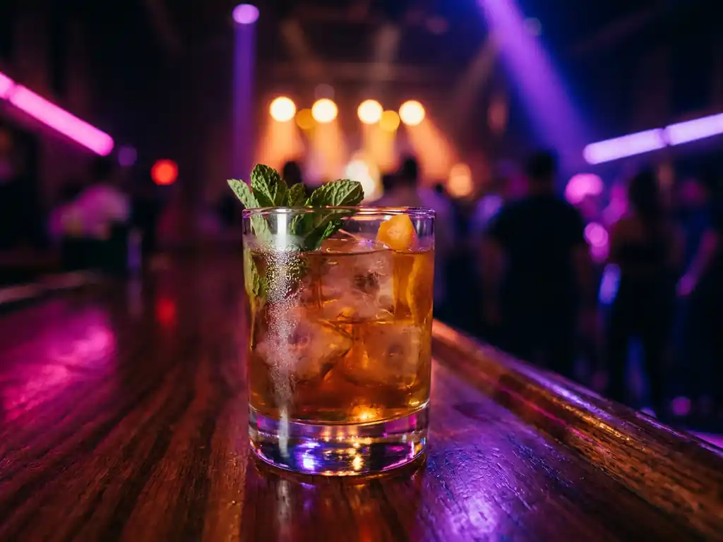 Berijpt cocktailglas met kleurrijke garnering op donkere barlak, verlicht door magenta en violet neonlicht in intieme clubsfeer.