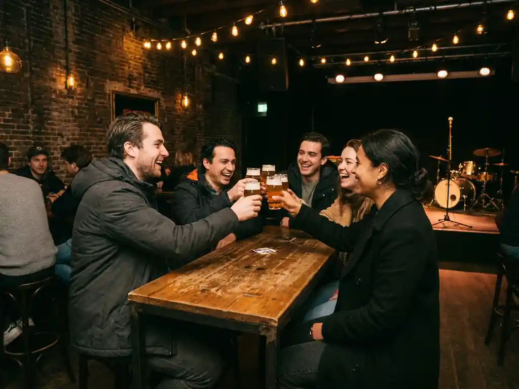 Collega's lachen samen rond een houten bartafel in een Amsterdams muziekcafé met Edison-lampen en bakstenen muren.