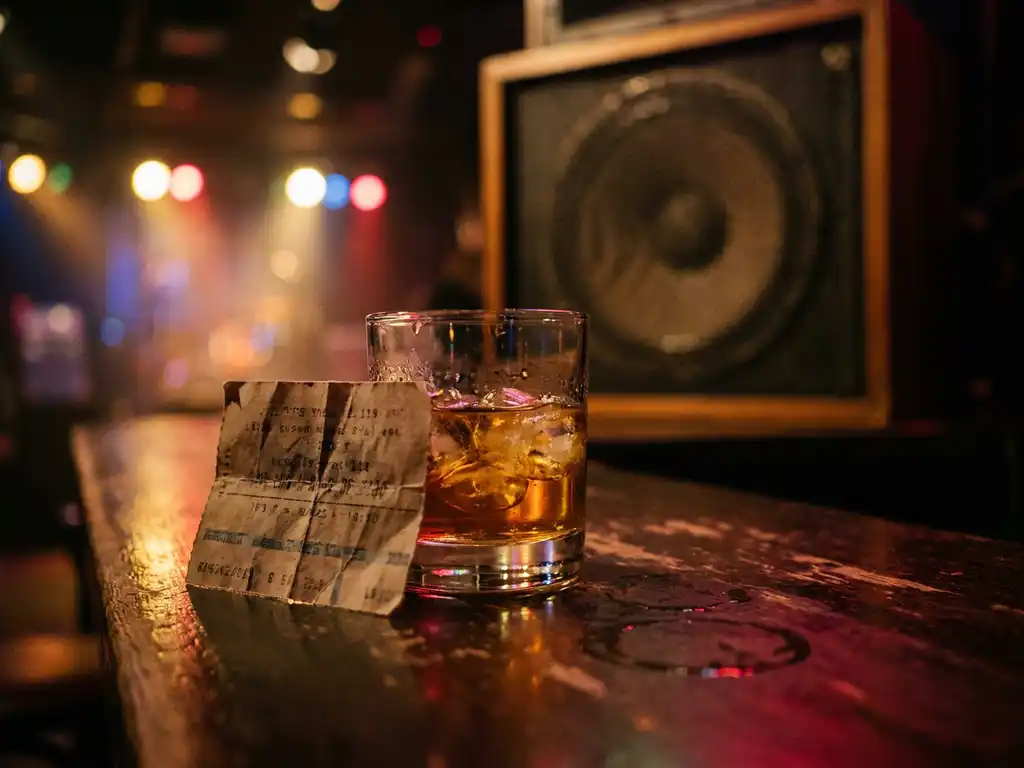 Vergeeld concertkaartje leunend tegen een zwetig glas whisky met ijs op een donkere barkruk, neonreflecties in amber en rood.