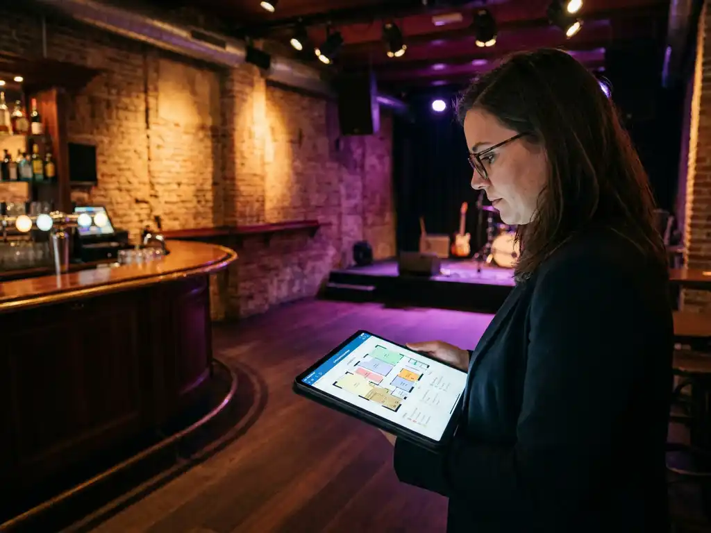 Eventcoördinator bekijkt verlichte plattegrond op klembord in intiem Amsterdams muziekcafé met bakstenen muren en amberkleurig podiumlicht.