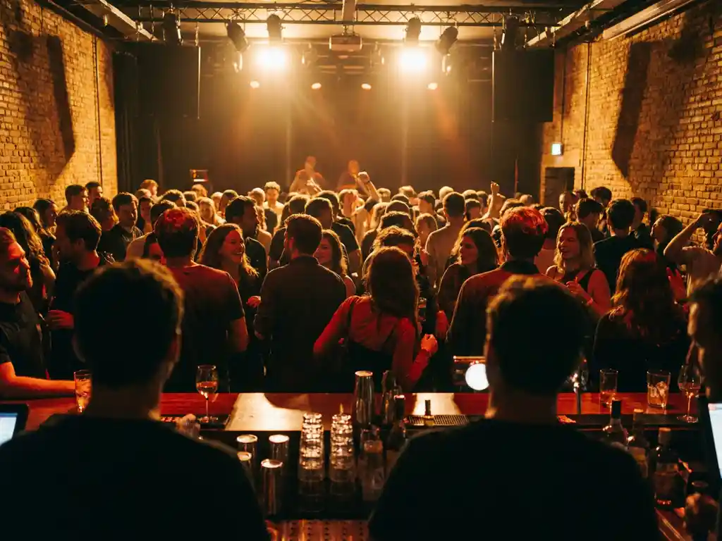 Drukke privéfeest in club Bitterzoet Amsterdam met dansend publiek, warme podiumverlichting en bakstenen muren in amberkleurig licht.