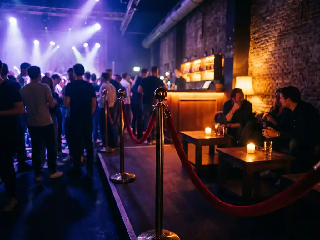Fluwelen touw scheidt een kaarsverlichte VIP-hoek van de drukke dansvloer in een Amsterdamse underground club, paars licht en warme amber gloed.