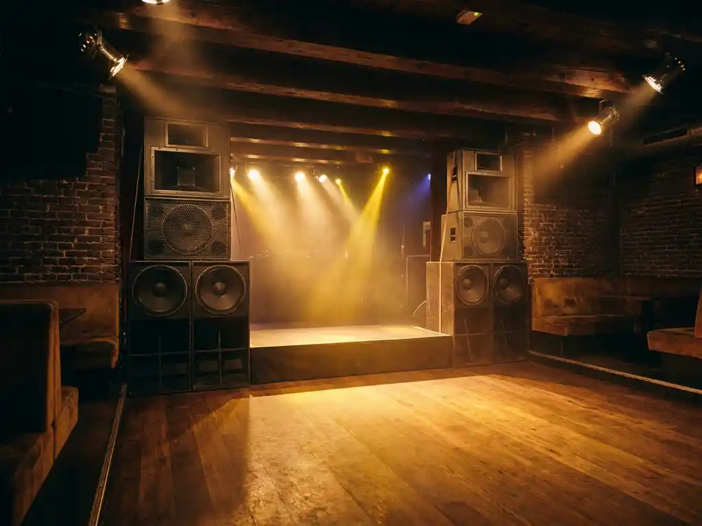 Professioneel geluidssysteem met hoge speakerstacks in Amsterdams club, amberkleurig podiumlicht boven lege dansvloer, bakstenen muren.