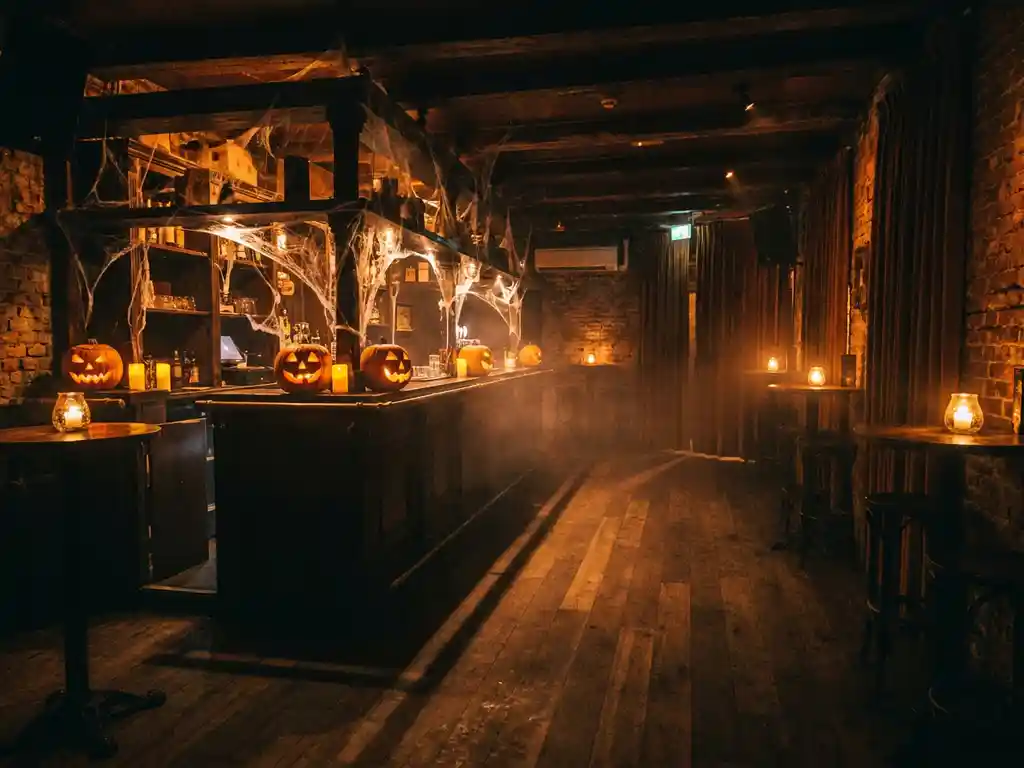 Verlicht door kaarslicht Halloween-interieur van Amsterdams café met spinnenwebben, gloeiende pompoenen en lege dansvloer.