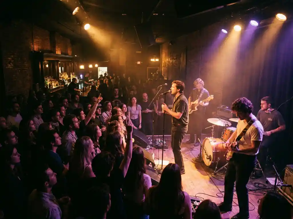 Liveconcert in intiem café met band op houten podium, gloeiend amberkleurig en paars licht, enthousiast publiek en bakstenen muren op achtergrond.